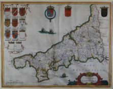 A coloured antiquarian map of Cornwall by J BLAEU, 40 x 51cms Condition reports provided on