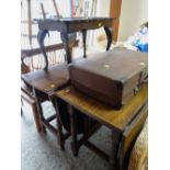 A vintage Revelation suitcase, two vintage drop leaf tables and a Long John coffee table Condition