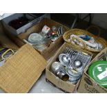 Large parcel of household and kitchen items including pyrex dishes, picnic basket, linen ETC