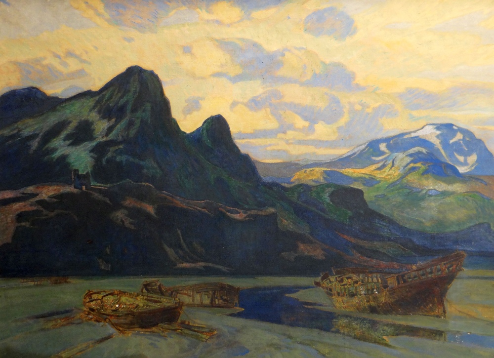 ROBERT BORLASE SMART (1881-1947) oil on canvas - beached boats and wrecks with mountain back drop,