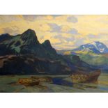 ROBERT BORLASE SMART (1881-1947) oil on canvas - beached boats and wrecks with mountain back drop,