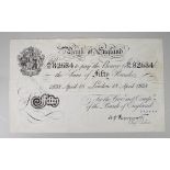 BANK OF ENGLAND, K.O. PEPPIATT, FIFTY POUNDS WHITE BANK NOTE, 18 April 1938, 62/N 82684. Condition