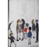 LAURENCE STEPHEN LOWRY oil on board - nine standing figures including two walking, entitled 'Teenage