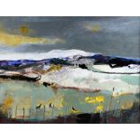 CHRISTINE WOODSIDE RSW RGI mixed media - winter landscape with birds perched on a fence, entitled