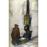 NORMAN CORNISH mixed media - figure on the street with overcoat by a lamp post, entitled verso '