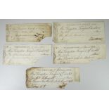 GROUP OF FIVE BELIEVED LATE 18TH/EARLY 19TH CENTURY CHEQUES, relating to Langston, Towgood & Amory/