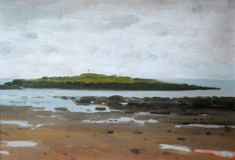 JOHN PEACE acrylic on board - coastal scene, entitled bottom left 'Holy Island, 68 St Cuthbert's