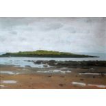 JOHN PEACE acrylic on board - coastal scene, entitled bottom left 'Holy Island, 68 St Cuthbert's