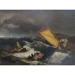 AFTER JMW TURNER oil on canvas - dramatic sea rescue with figures in rafts and sailboats in high