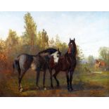 ALFRED CORBOULD oil on board - portrait of two standing thoroughbred horses in a landscape and