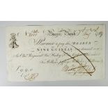 BRECON BANK "PROMISE TO PAY" NINE GUINEAS WHITE BANK NOTE, dated 1 August 1789. Condition Report: