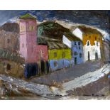 ANNE REDPATH OBE RSA ARA oil on board - colourful continental street scene with church, entitled