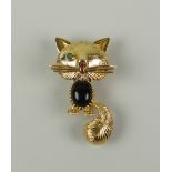 18CT YELLOW GOLD VAN CLEEF & ARPELS WINKING CAT BROOCH/PIN, set with emerald eye and ruby nose. 8.