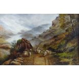 H H HARRIS oil on canvas - mountain scene with horseback shepherd and flock, signed and dated