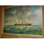 Oil on board - six masted ship in rough seas, initialled 'W S'