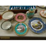 Three circular Prattware plates, a Prattware scenes bowl and teapot and a small transfer bowl