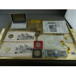 Small parcel of commemorative coinage, a white metal snuff box, a pocket compass etc