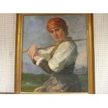 LOT HAS BEEN WITHDRAWN W B SPENCER oil on canvas - young shepherdess with stick in a landscape sett