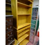 Two modern pine open front bookcases and a towel airer