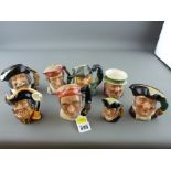 Six small Royal Doulton character jugs - 'Sancho Panca', 'Mine Host', 'Blacksmith', 'St George', '