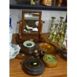 Small Victorian toilet mirror, mahogany framed aneroid wall barometer and other treen items