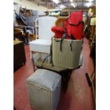 Two loom effect linen baskets with miscellaneous contents - linen, life jackets etc and a similar