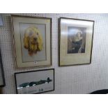 Pastel head study of a dog, 40 x 26 cms, a print of a Lancaster Bomber and a classical print -