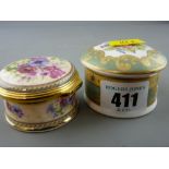 Circular Royal Worcester china patch box 'Queen's 90th Birthday' and a china and metallic 'Country