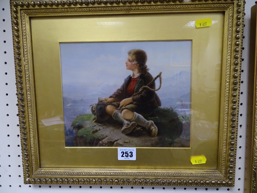 Continental School painting on porcelain of young contemplating shepherd boy sitting on a rock