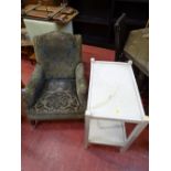 Antique upholstered easy chair and a white painted two tier tea table