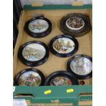 Seven framed Prattware pot lids (cracks to four, others reasonable, one with chipped rim)