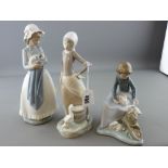 Lladro figurine of young girl with goose and bucket, two Nao figurines - young seated girl with