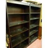 Pair of five shelf open bookcases, light wood oak effect open bookcase and a medium colour six shelf