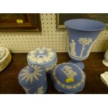 Wedgwood Jasperware vase, two other items of Wedgwood Jasperware and Wedgwood lidded container