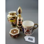 Royal Crown Derby small globular vase, a bell and a lidded patch box and a similar pattern small
