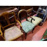 Pair of French style hall chairs, other antique chairs including a delicate elbow chair etc
