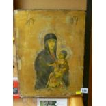 Interesting mother and child icon on an unframed panel bearing initials 'M-P O Y', 36 x 29 cms