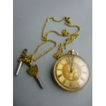 Vintage gold colour keywind pocket watch with two winding keys on a base metal necklace chain