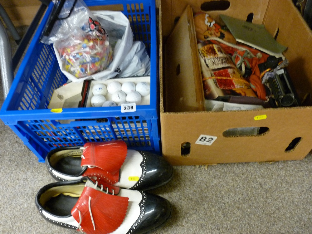 Vintage golfing shoes and other golfing items and a box of mixed household goods