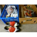 Vintage golfing shoes and other golfing items and a box of mixed household goods