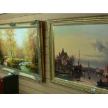 RENE oil on canvas - riverside and country scene in a gilt frame, 59 x 89 cms and another similar