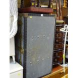 Metal travel trunk inscribed 'Karen J Lees' and a small studded footstool