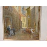 W G FITZSIMMONS watercolour - street scene with cattle and figures, dated 1886, 29 x 19 cms