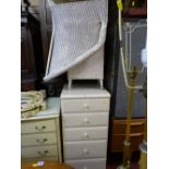 Cream slim five drawer chest and a parcel of white loom items