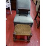 Small green textured nursing chair, string topped stool and a small wooden footstool