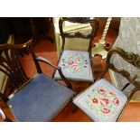 Pair of antique style tapestry floral upholstered chairs and a wheatsheaf back elbow chair