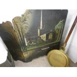 Long handled bedwarming pan and a japanned firescreen with churchyard image