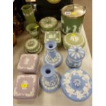 Excellent parcel of Wedgwood Jasperware including two lilac lidded boxes, green Jasperware including