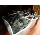 Two tubs of various desk lamps, Bissell cleaner etc E/T