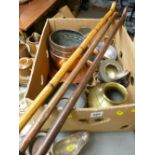 Small parcel of walking sticks and a box of copper and brassware